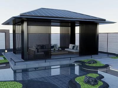 Modern Outdoor Pavilion With Black Slatted Screens Roof Pool And Lush Greenery 3d model