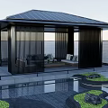 Modern Outdoor Pavilion With Black Slatted Screens Roof Pool And Lush Greenery