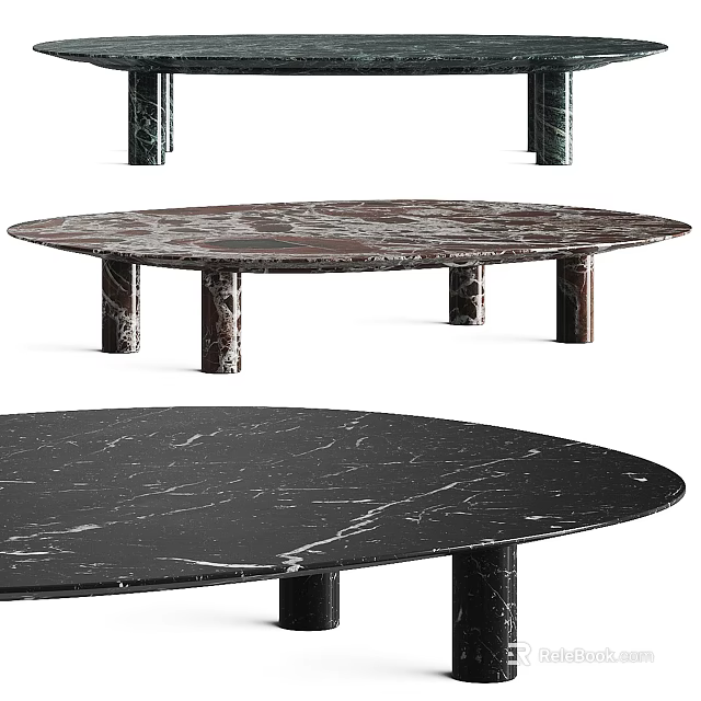 Round Marble Coffee Table With Unique Veined Surface And Cylindrical Legs 3d model 