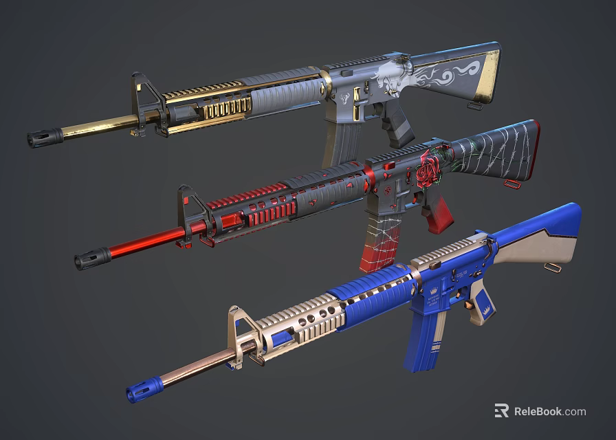 Colorful Stylish Rifles With Gold Red Blue Accents And Modern Designs 3d model 