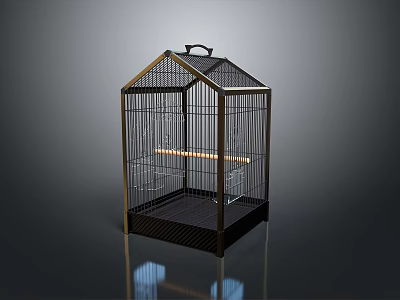 Bird Cage With Metal Frame Handle Wooden Perch And Black Base For Birds 3d model