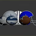 Silver And Blue Football Helmets With Star Logo And Brown Sports Balls
