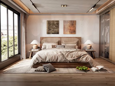 Modern Bedroom Interior With Natural Light Wooden Headboard Bed Nightstands And Wall Paintings 3d model