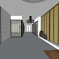 Chinese Style Hotel Corridor With Blue Banners White Patterns Gray Pillars And Gray Tiled Floor