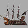 Vintage Wooden Sailing Ship with Red and Black Sails and Carved Dragon Head Bow