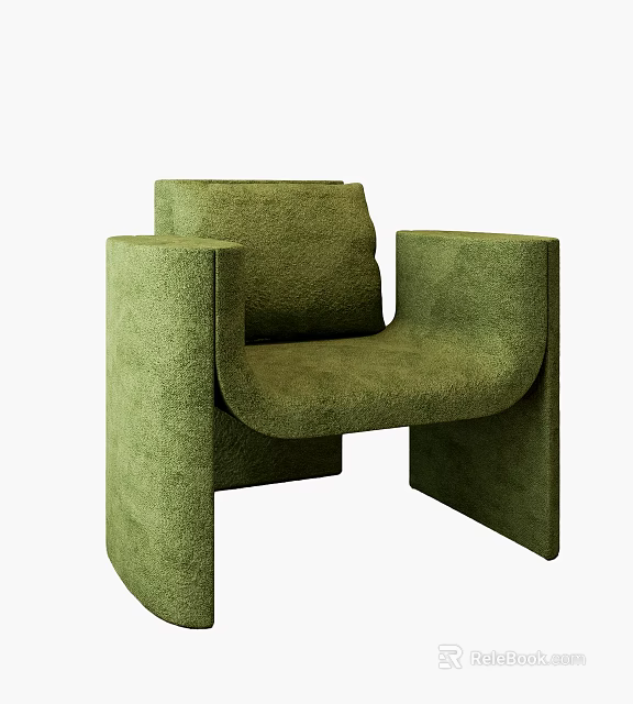 Green Fluffy Single Sofa in Modern Minimalist Style with Square Armrests 3d model