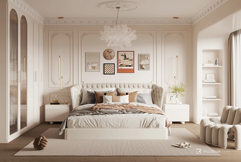 Elegant Bedroom With White Bed Multiple Pillows Wall Paintings Chandelier Bedside Tables And Rug 3d model 