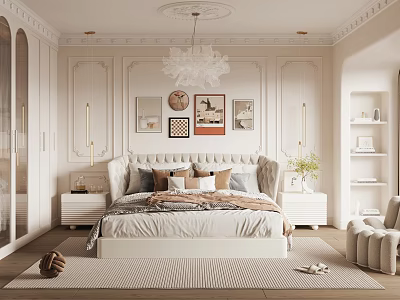 Elegant Bedroom With White Bed Multiple Pillows Wall Paintings Chandelier Bedside Tables And Rug 3d model