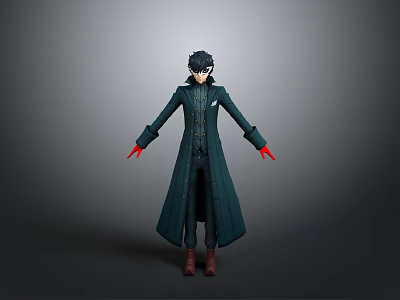 Man In Dark Long Coat With Red Gloves And Black Hair Standing Pose 3d model