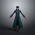 Man In Dark Long Coat With Red Gloves And Black Hair Standing Pose