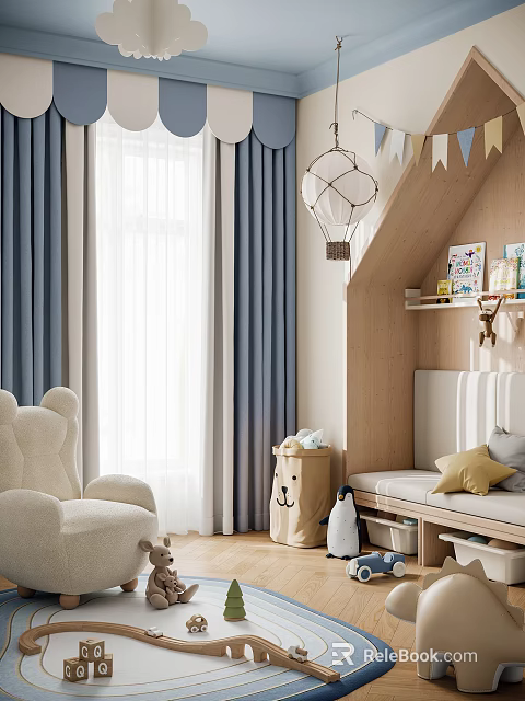 Kids Playroom Interior With White Plush Chair Blue White Curtains Wooden Wall And Storage Shelf 3d model 