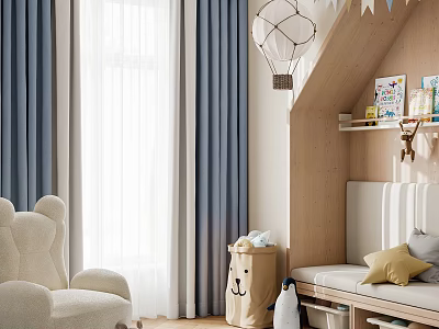 Kids Playroom Interior With White Plush Chair Blue White Curtains Wooden Wall And Storage Shelf 3d model