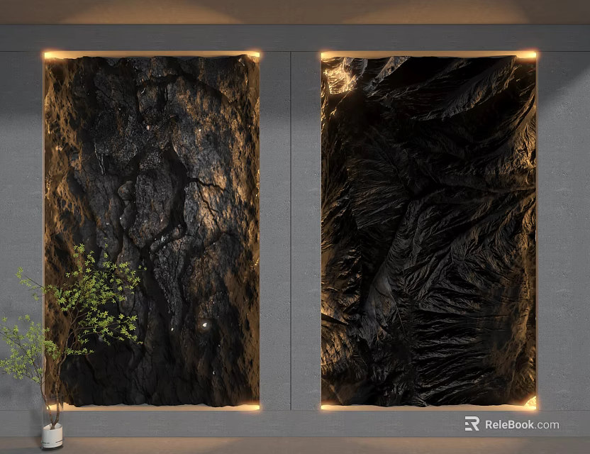 Modern Black Textured Background Wall Illuminated with Green Plant and Lighting 3d model 