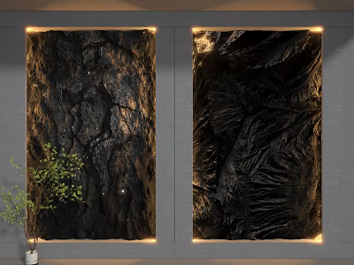 Modern Black Textured Background Wall Illuminated with Green Plant and Lighting 3d model