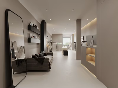 Modern Clothing Store Interior With Spacious Layout Large Mirror Sofa And Display Shelves 3d model