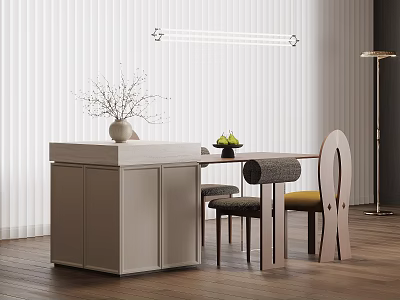 Modern Stylish Interior With Island Counter Chairs Decorative Plants White Blinds And Lighting 3d model