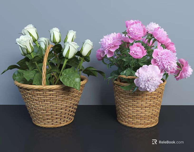 Wicker Baskets With White Roses And Pink Peonies On Dark Surface Against Gray Background 3d model 