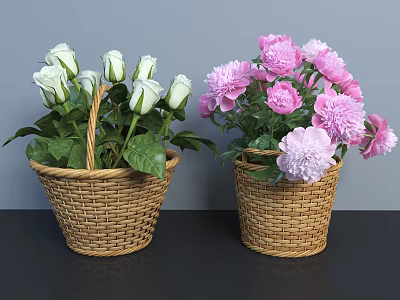 Wicker Baskets With White Roses And Pink Peonies On Dark Surface Against Gray Background 3d model
