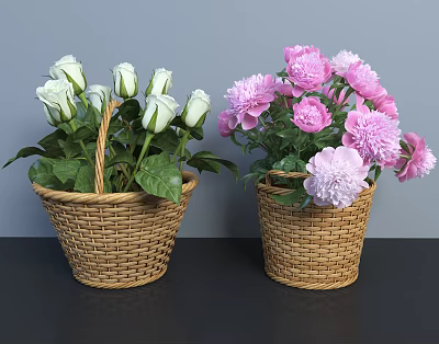 Wicker Baskets With White Roses And Pink Peonies On Dark Surface Against Gray Background 3d model