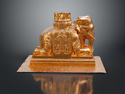 Golden Elephant Sculpture With Ornate Crown And Decorative Reflective Base 3d model
