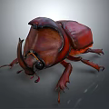 Detailed 3D Rendered Rhinoceros Beetle In Reddish Brown With Large Horn On Gray Background
