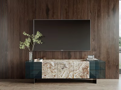 Modern TV Stand With Marble Top And Green Plant Against Wooden Wall 3d model