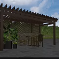 Outdoor Wooden Pergola with Lattice Roof Stone Wall and Garden Table Chairs