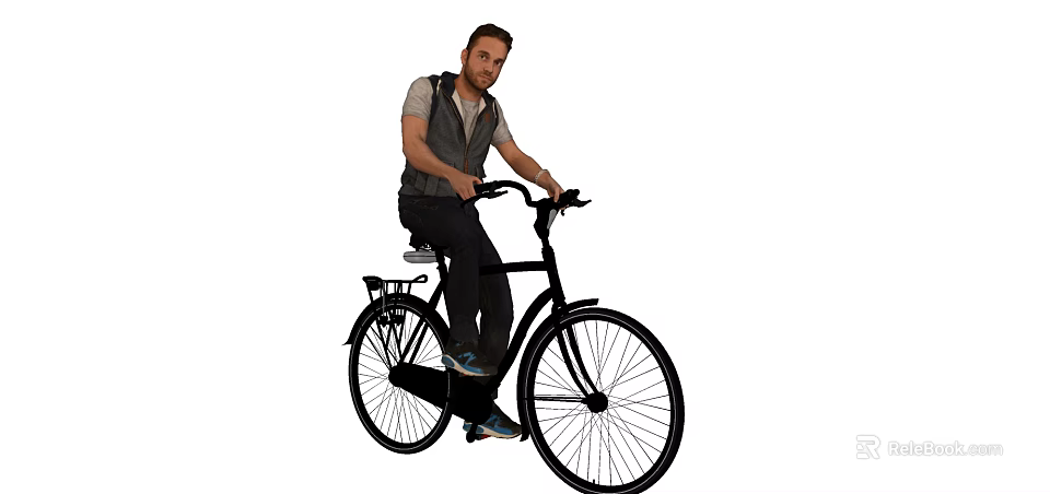 A man riding a classic black bicycle in casual style with rear rack 3d model 
