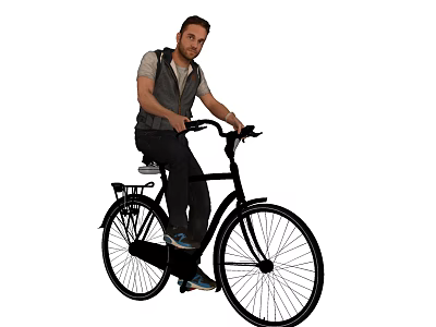 A man riding a classic black bicycle in casual style with rear rack 3d model