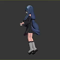 Anime Style Game and Movie Character with Blue Flowing Hair Dark Dress and White Shoes