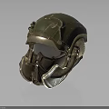 Green Military Style Helmet With Metallic Face Shield And Vintage Design