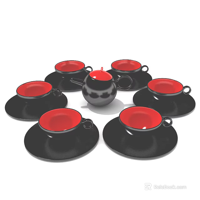 Black Tableware Set Including Teapot Six Teacups and Red Interior Saucers 3d model