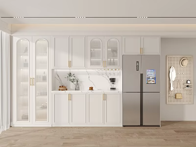 Modern White Wine Cabinet With Glass Doors And Gold Handles In Modern Kitchen Interior 3d model