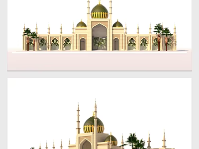 Traditional Mosque Architecture With Golden Domes Tall Minarets Arched Doors And Palm Trees 3d model