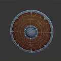 Round Wooden Shield With Blue Metal Rim Central Metal Boss And Rune Patterns