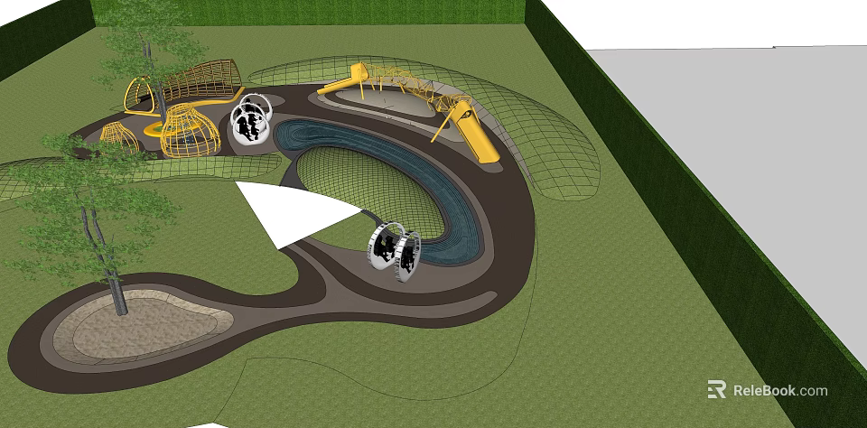Outdoor Children's Play Area With Climbing Net Slide And Curved Path On Green Lawn 3d model 