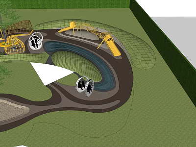 Outdoor Children's Play Area With Climbing Net Slide And Curved Path On Green Lawn 3d model