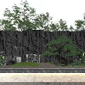 Scenic Wall With Black Stone Texture Pine Tree Rocks Grass And Bottom Lighting 3d model