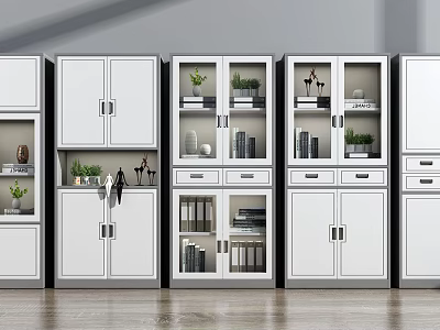 Modern White Bookcase With Glass Doors Drawers Books Decorative Items And Potted Plants 3d model