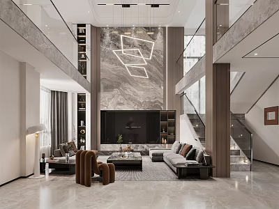Modern Duplex Living Room Interior With Marble Wall Pendant Lights Sofa Coffee Table And Staircase 3d model