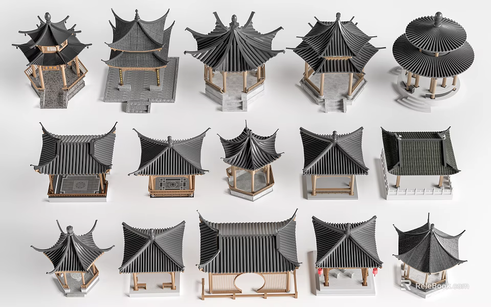 Traditional Chinese Garden Pavilion with Various Roof Designs and Wooden Structures for Outdoor Landscape Decoration 3d model 