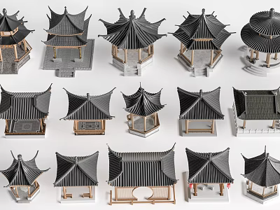 Traditional Chinese Garden Pavilion with Various Roof Designs and Wooden Structures for Outdoor Landscape Decoration 3d model