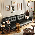 Black Leather Three-Seater Sofa with Wooden Carved Arms Decorative Pillows in Classic Living Room