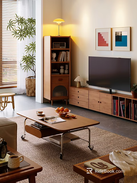 Modern Living Room Interior With TV Stand Coffee Table And Decorative Plants 3d model 