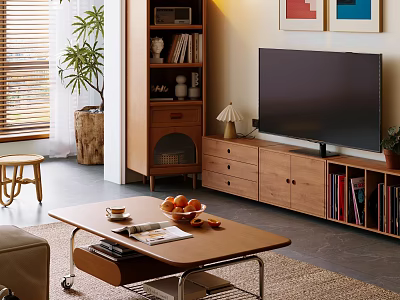 Modern Living Room Interior With TV Stand Coffee Table And Decorative Plants 3d model