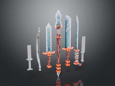 Pixel Art Weapons Collection With Crystal Swords Bows Blue Orange Handles And Transparent Blades 3d model