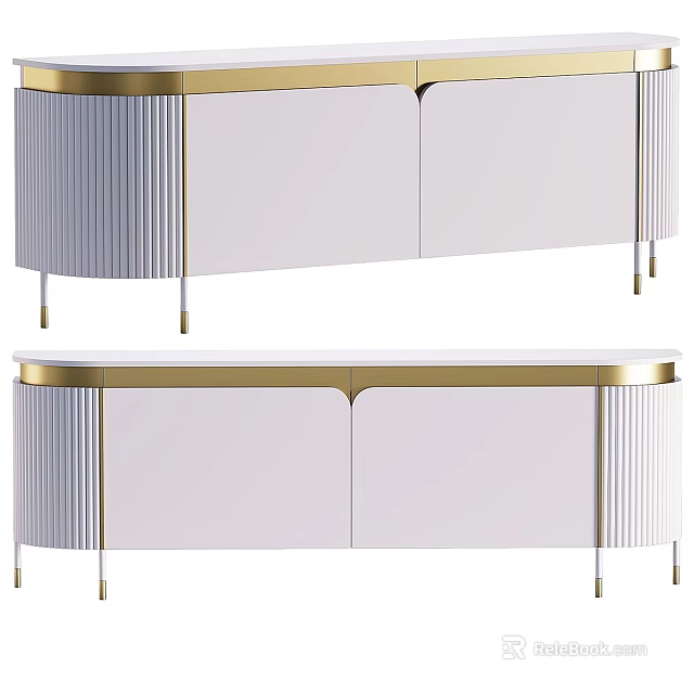 Modern White TV Stand With Gold Accent And Vertical Striped Design 3d model 