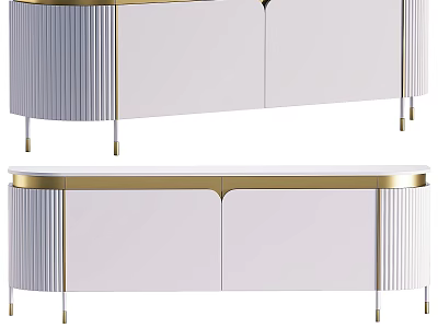 Modern White TV Stand With Gold Accent And Vertical Striped Design 3d model
