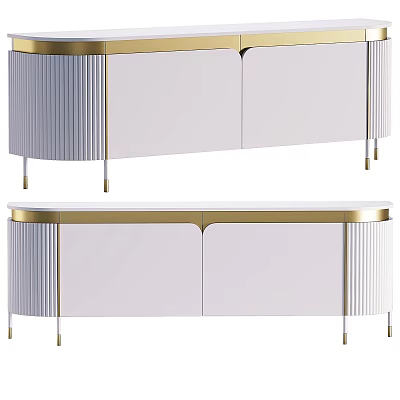 Modern White TV Stand With Gold Accent And Vertical Striped Design 3d model