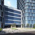 Modern Office Building Exterior With Glass Curtain Walls And Landscaped Entrance Greenery